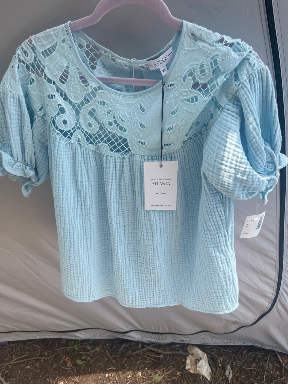 edge Light Blue Lace Yoke Puff Sleeve Blouse